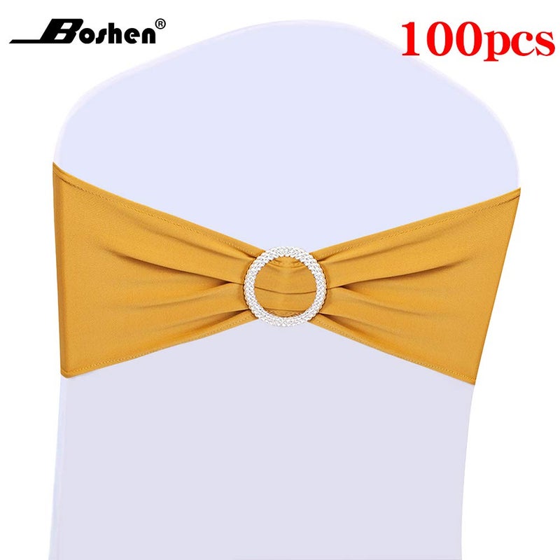 Boshen 100PCS Stretch Chair Sashes Bows Chair Bands with Buckle for Wedding Hotel Banquet Birthday Party Decorations (100, Dark Yellow) - Image 4